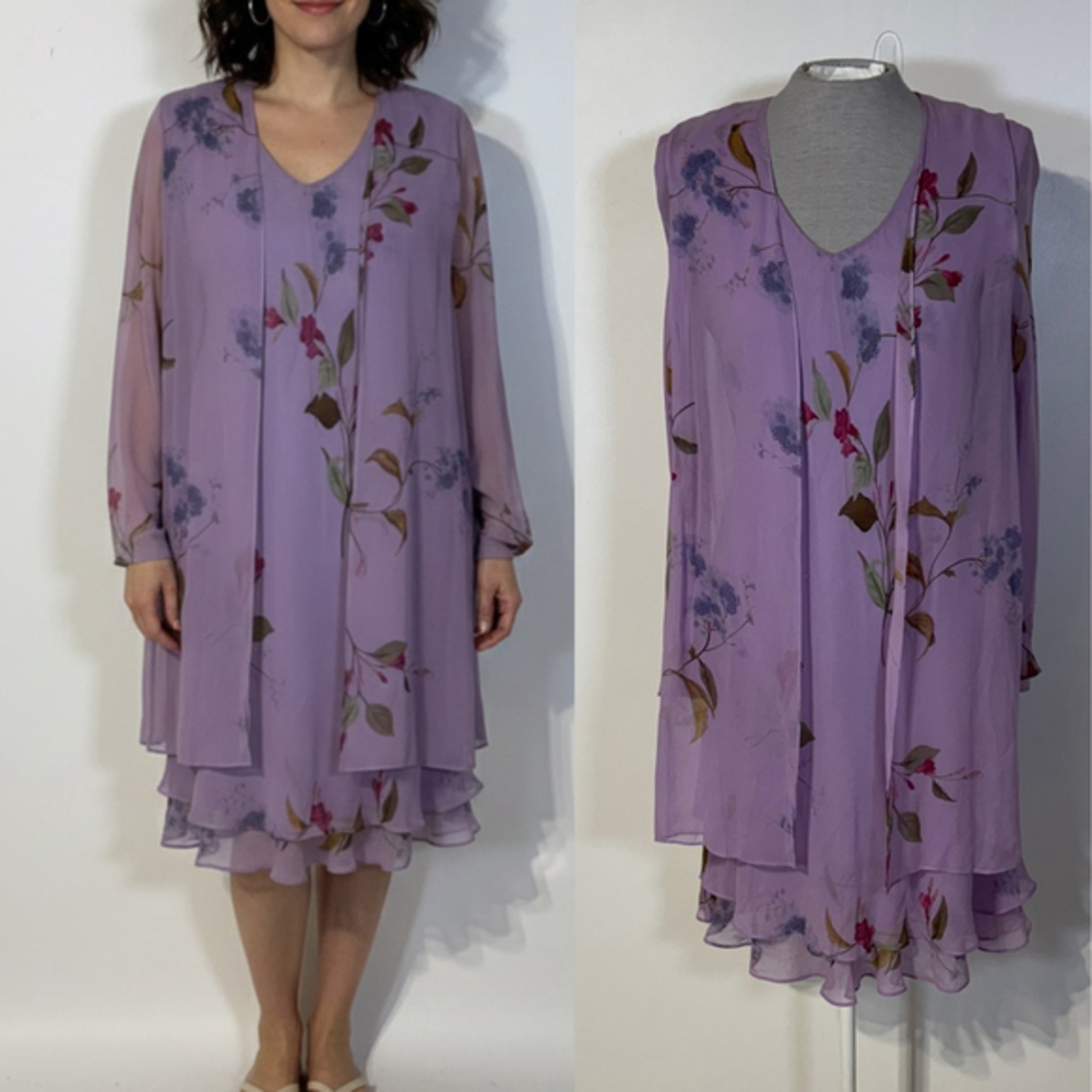 Jones New York Purple Floral Long Sleeve Dress Women's Size 10 Silk V-Neck Layer